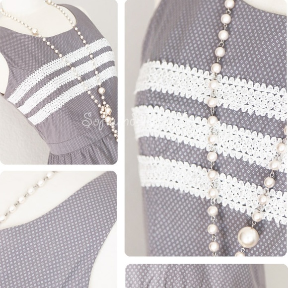 Gray White Lace Trim 100% Cotton Cute A line Dress - Picture 5 of 8